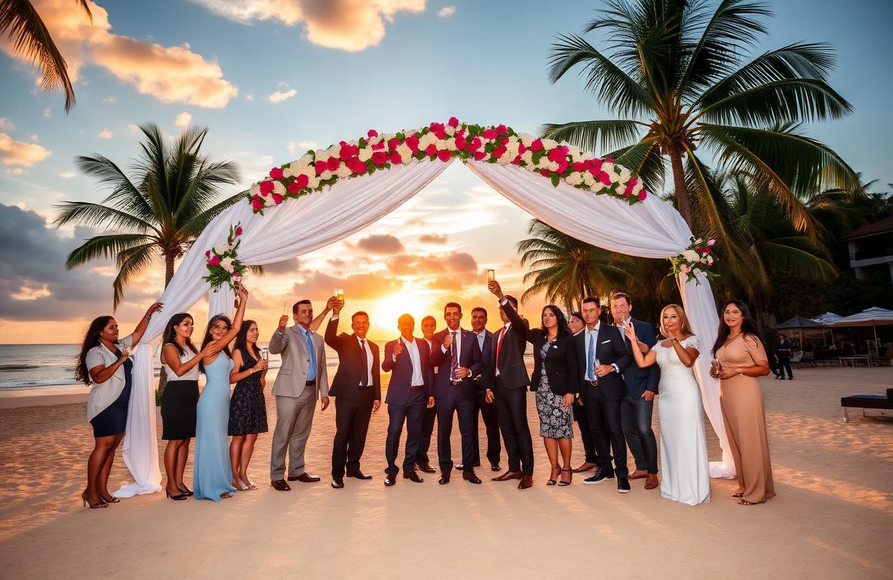 Corporate incentive group toasting under a floral arch on a Bali beach at sunset