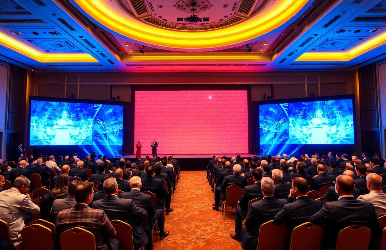Global sales conference at a Dubai hotel ballroom with LED stage and seated delegates
