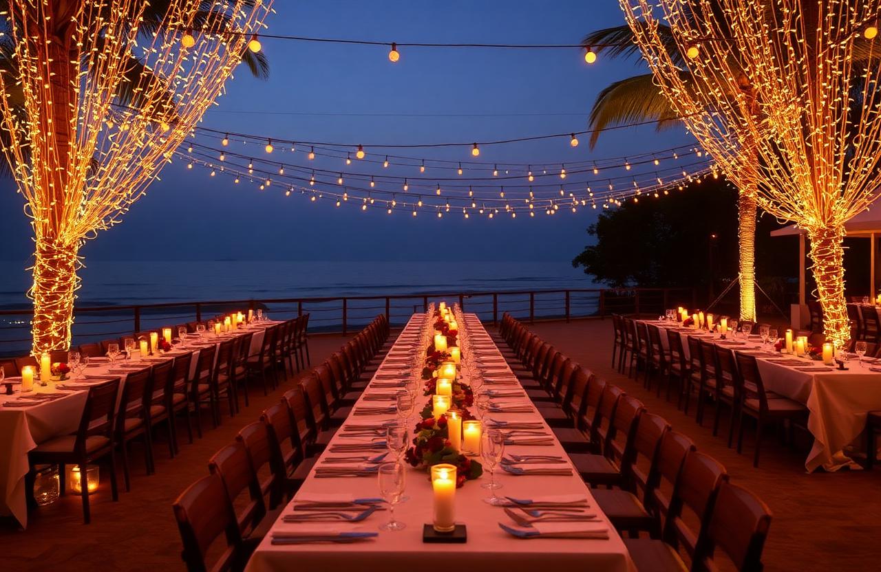 Beachside corporate offsite gala dinner setup in Goa with fairy lights and candles