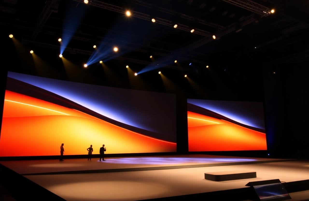 Modern product launch stage in Mumbai with dramatic spotlights and large LED screens